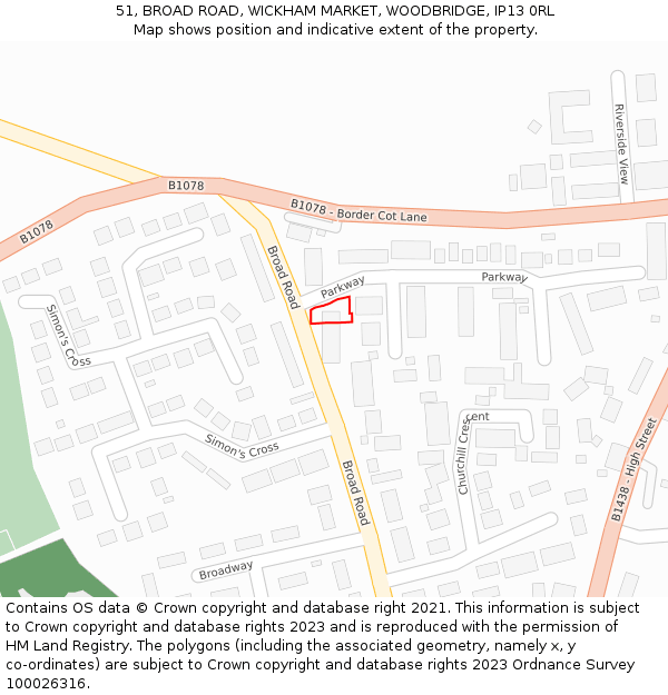 51, BROAD ROAD, WICKHAM MARKET, WOODBRIDGE, IP13 0RL: Location map and indicative extent of plot