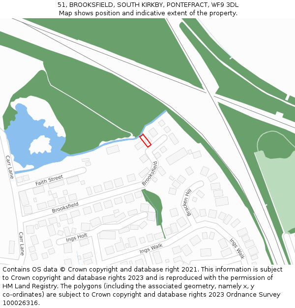 51, BROOKSFIELD, SOUTH KIRKBY, PONTEFRACT, WF9 3DL: Location map and indicative extent of plot