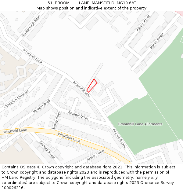 51, BROOMHILL LANE, MANSFIELD, NG19 6AT: Location map and indicative extent of plot