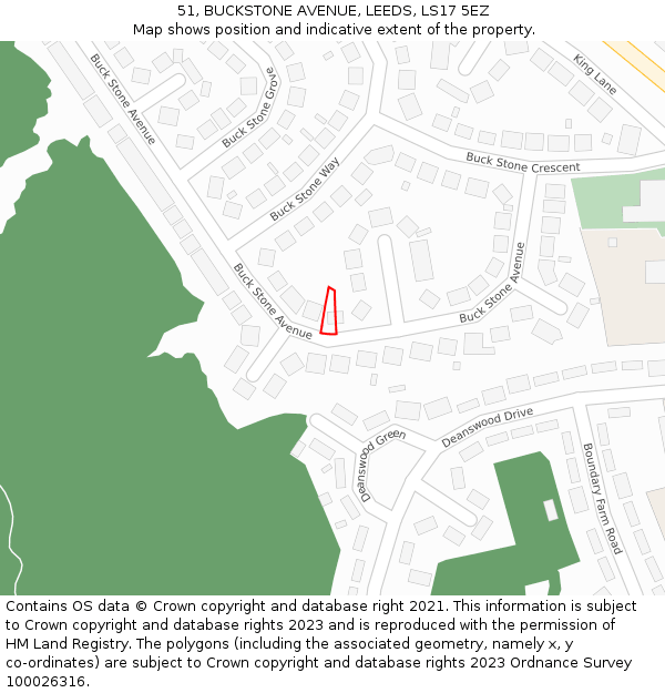 51, BUCKSTONE AVENUE, LEEDS, LS17 5EZ: Location map and indicative extent of plot
