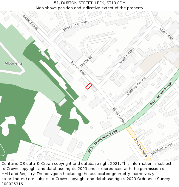 51, BURTON STREET, LEEK, ST13 8DA: Location map and indicative extent of plot