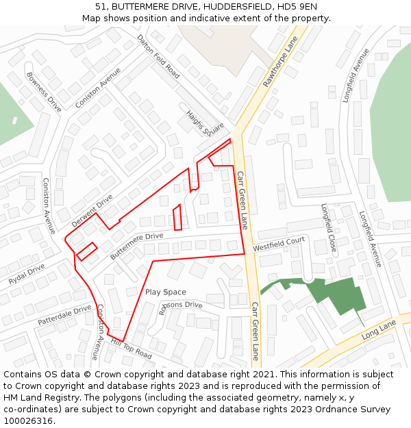 51, BUTTERMERE DRIVE, HUDDERSFIELD, HD5 9EN: Location map and indicative extent of plot