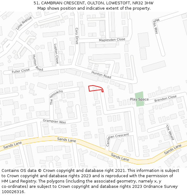 51, CAMBRIAN CRESCENT, OULTON, LOWESTOFT, NR32 3HW: Location map and indicative extent of plot
