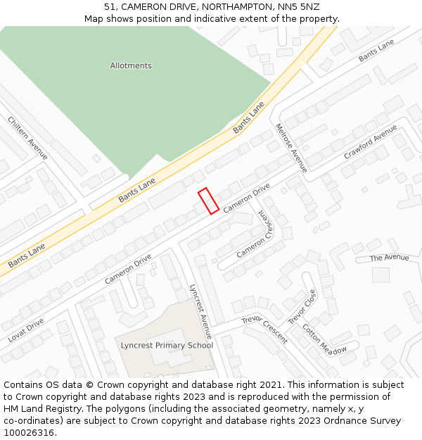 51, CAMERON DRIVE, NORTHAMPTON, NN5 5NZ: Location map and indicative extent of plot