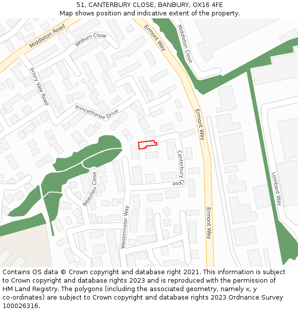 51, CANTERBURY CLOSE, BANBURY, OX16 4FE: Location map and indicative extent of plot