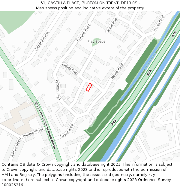 51, CASTILLA PLACE, BURTON-ON-TRENT, DE13 0SU: Location map and indicative extent of plot