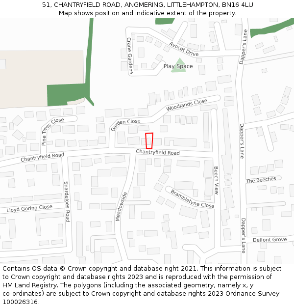 51, CHANTRYFIELD ROAD, ANGMERING, LITTLEHAMPTON, BN16 4LU: Location map and indicative extent of plot