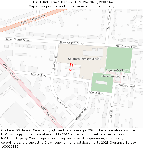 51, CHURCH ROAD, BROWNHILLS, WALSALL, WS8 6AA: Location map and indicative extent of plot