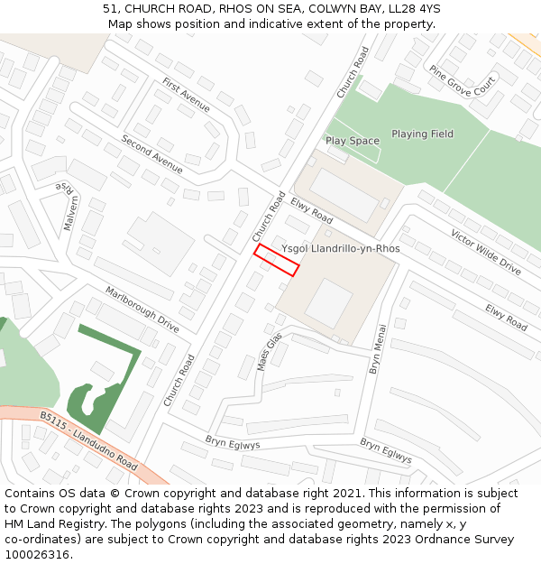 51, CHURCH ROAD, RHOS ON SEA, COLWYN BAY, LL28 4YS: Location map and indicative extent of plot