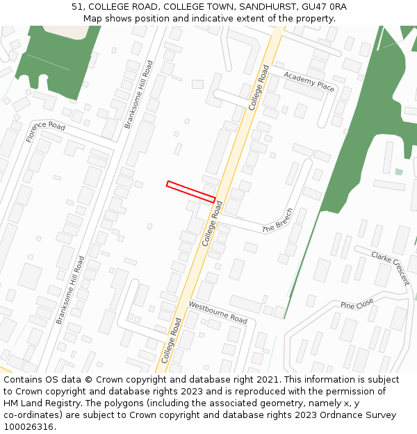 51, COLLEGE ROAD, COLLEGE TOWN, SANDHURST, GU47 0RA: Location map and indicative extent of plot