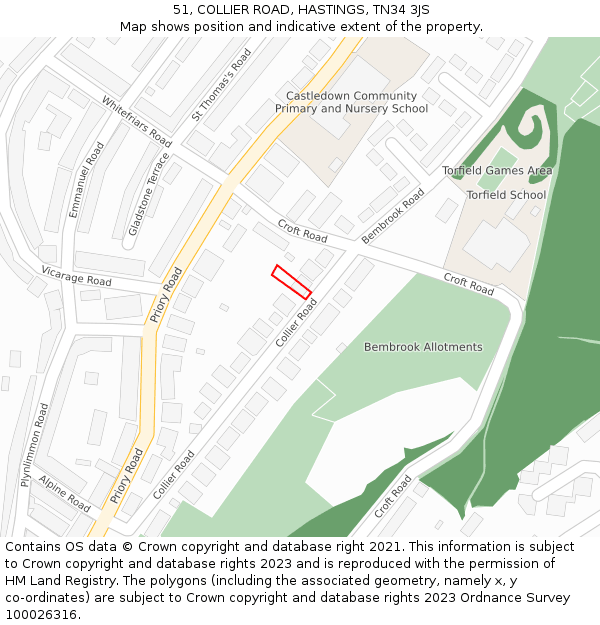 51, COLLIER ROAD, HASTINGS, TN34 3JS: Location map and indicative extent of plot