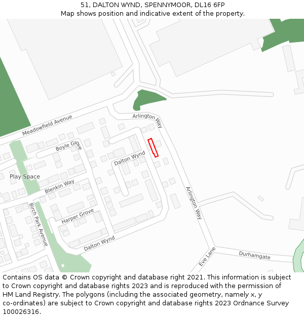 51, DALTON WYND, SPENNYMOOR, DL16 6FP: Location map and indicative extent of plot