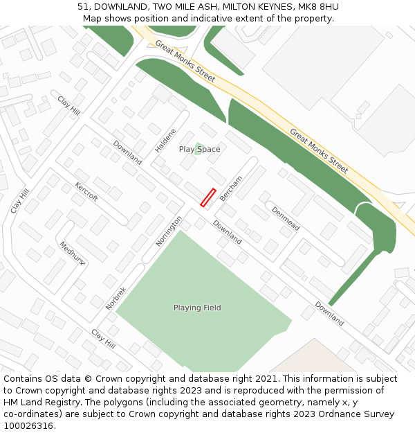 51, DOWNLAND, TWO MILE ASH, MILTON KEYNES, MK8 8HU: Location map and indicative extent of plot