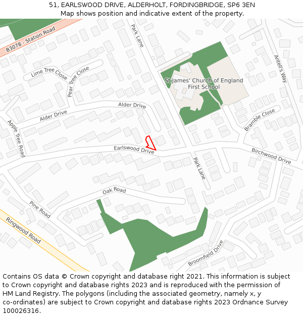 51, EARLSWOOD DRIVE, ALDERHOLT, FORDINGBRIDGE, SP6 3EN: Location map and indicative extent of plot