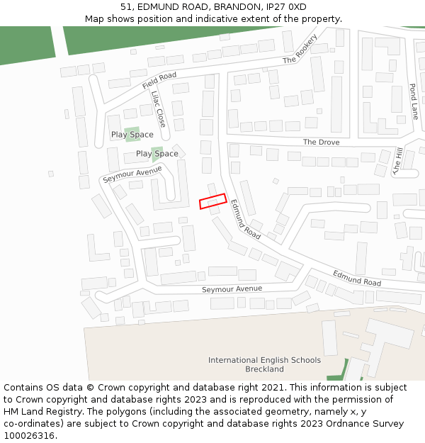 51, EDMUND ROAD, BRANDON, IP27 0XD: Location map and indicative extent of plot
