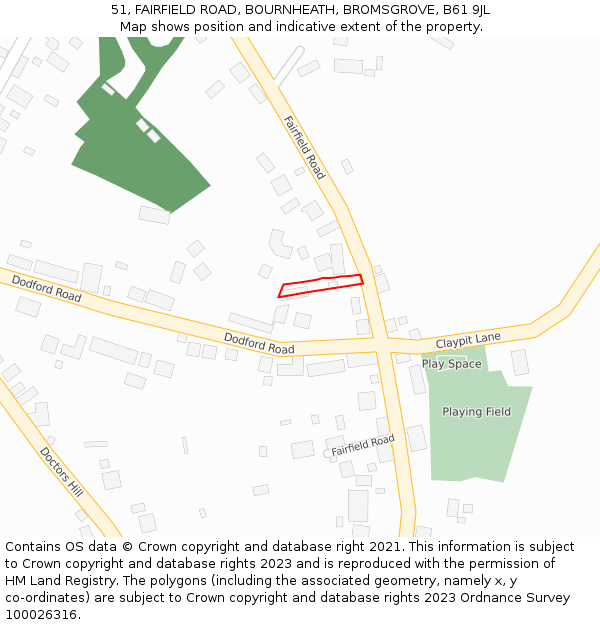 51, FAIRFIELD ROAD, BOURNHEATH, BROMSGROVE, B61 9JL: Location map and indicative extent of plot