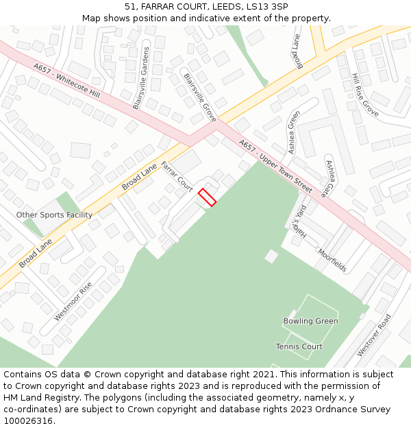 51, FARRAR COURT, LEEDS, LS13 3SP: Location map and indicative extent of plot