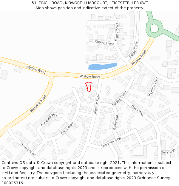 51, FINCH ROAD, KIBWORTH HARCOURT, LEICESTER, LE8 0WE: Location map and indicative extent of plot
