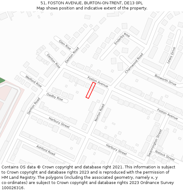 51, FOSTON AVENUE, BURTON-ON-TRENT, DE13 0PL: Location map and indicative extent of plot