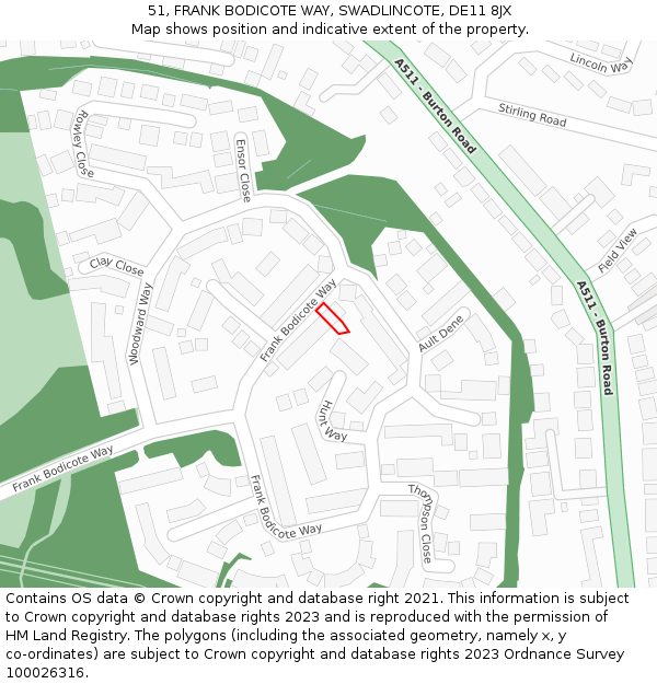 51, FRANK BODICOTE WAY, SWADLINCOTE, DE11 8JX: Location map and indicative extent of plot