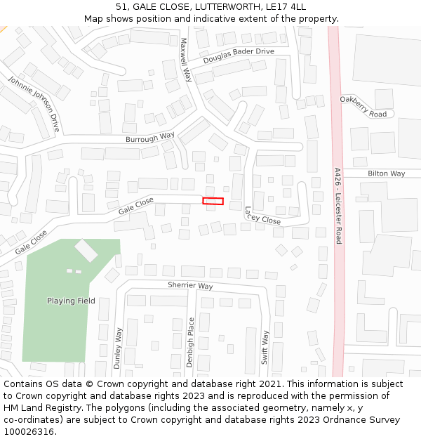51, GALE CLOSE, LUTTERWORTH, LE17 4LL: Location map and indicative extent of plot