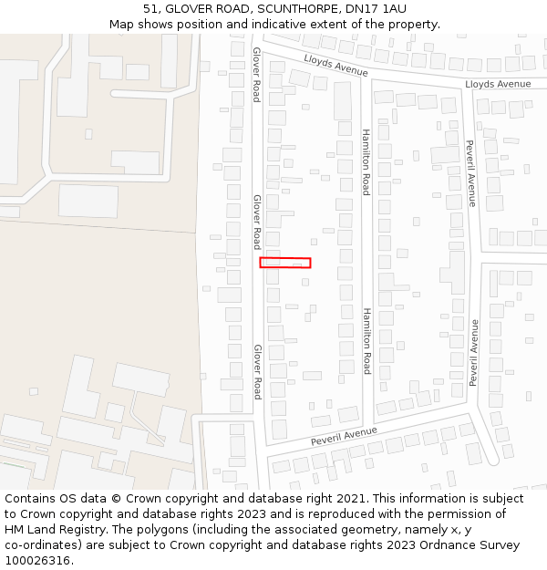 51, GLOVER ROAD, SCUNTHORPE, DN17 1AU: Location map and indicative extent of plot