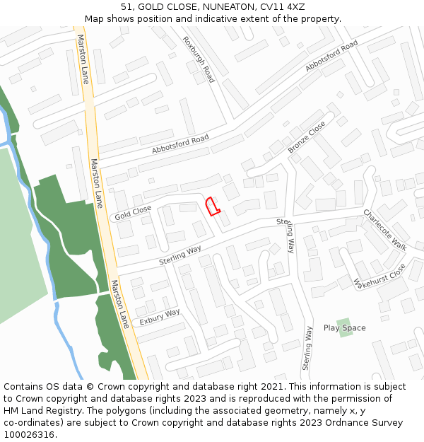 51, GOLD CLOSE, NUNEATON, CV11 4XZ: Location map and indicative extent of plot