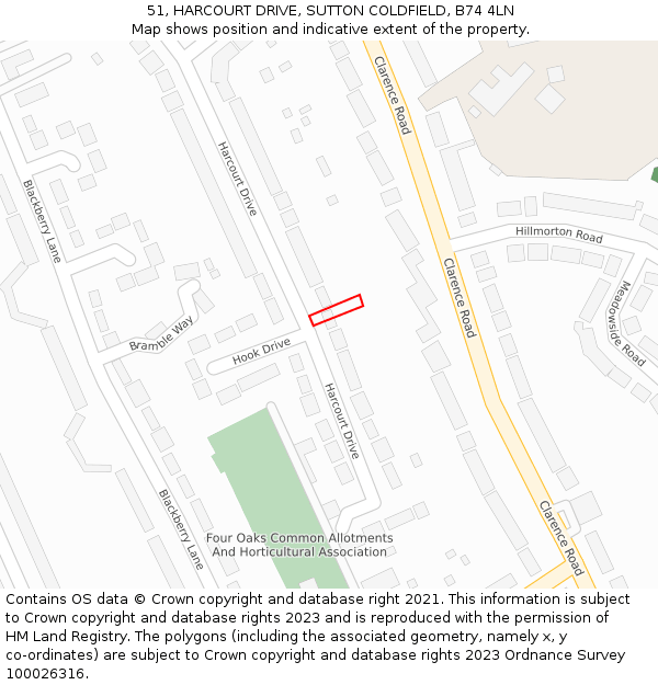 51, HARCOURT DRIVE, SUTTON COLDFIELD, B74 4LN: Location map and indicative extent of plot