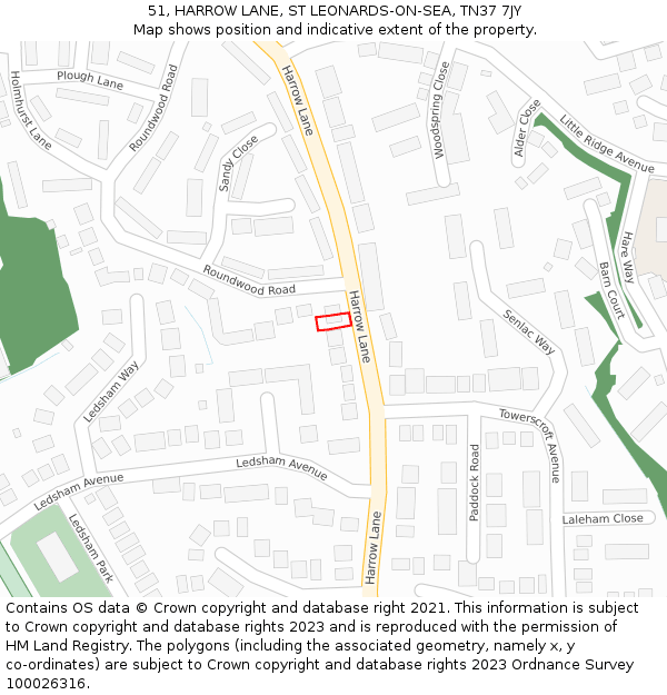 51, HARROW LANE, ST LEONARDS-ON-SEA, TN37 7JY: Location map and indicative extent of plot