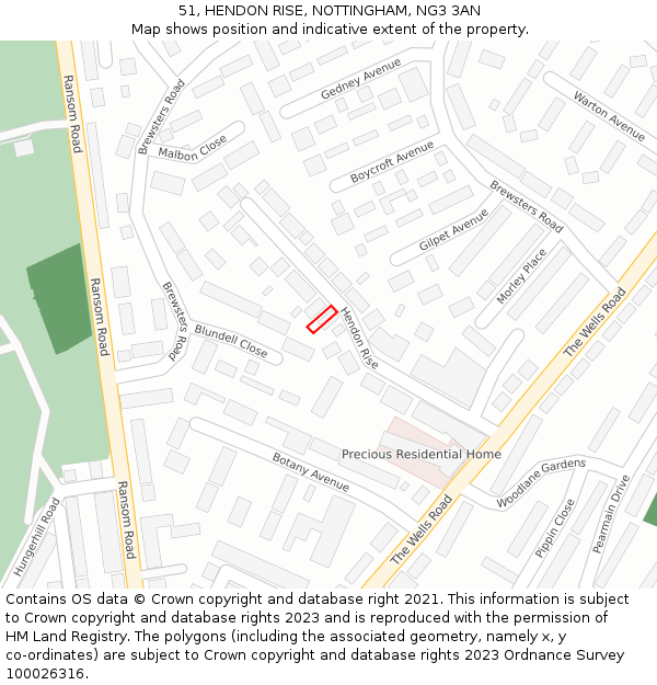 51, HENDON RISE, NOTTINGHAM, NG3 3AN: Location map and indicative extent of plot