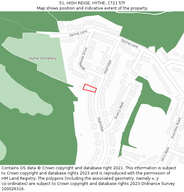 51, HIGH RIDGE, HYTHE, CT21 5TF: Location map and indicative extent of plot