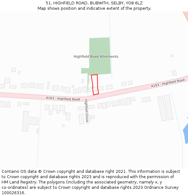 51, HIGHFIELD ROAD, BUBWITH, SELBY, YO8 6LZ: Location map and indicative extent of plot