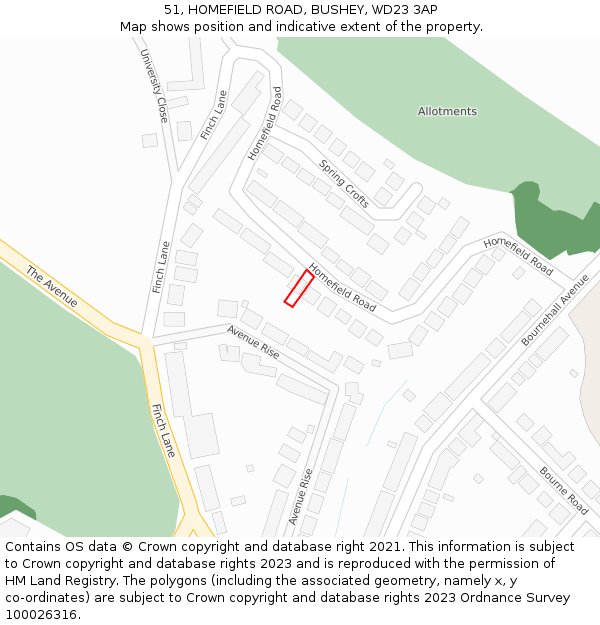 51, HOMEFIELD ROAD, BUSHEY, WD23 3AP: Location map and indicative extent of plot