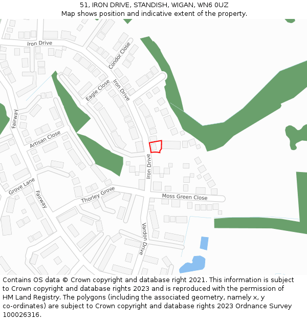 51, IRON DRIVE, STANDISH, WIGAN, WN6 0UZ: Location map and indicative extent of plot