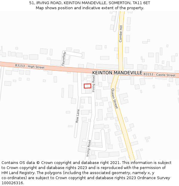 51, IRVING ROAD, KEINTON MANDEVILLE, SOMERTON, TA11 6ET: Location map and indicative extent of plot