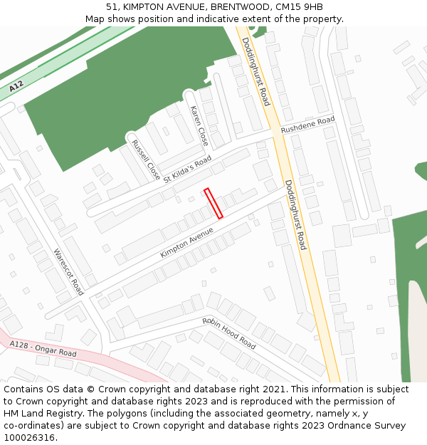 51, KIMPTON AVENUE, BRENTWOOD, CM15 9HB: Location map and indicative extent of plot