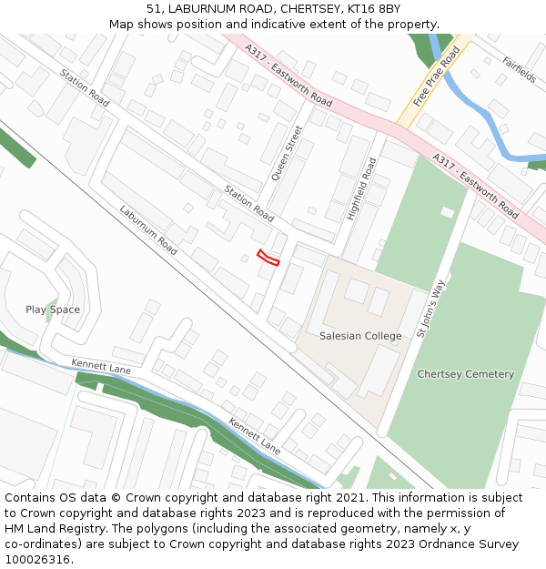 51, LABURNUM ROAD, CHERTSEY, KT16 8BY: Location map and indicative extent of plot