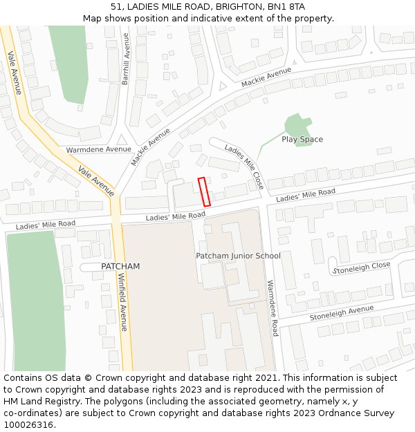 51, LADIES MILE ROAD, BRIGHTON, BN1 8TA: Location map and indicative extent of plot