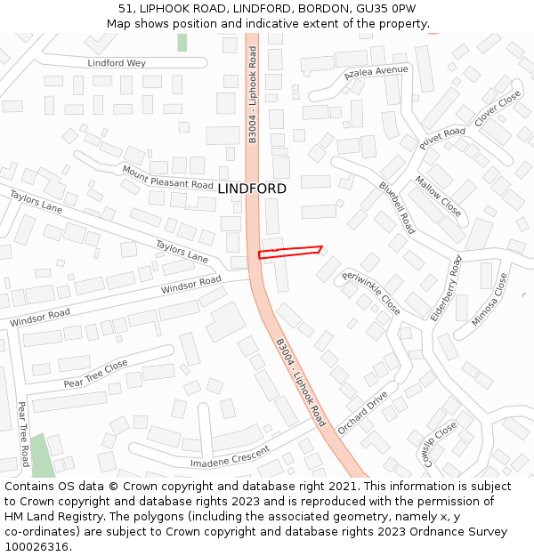 51, LIPHOOK ROAD, LINDFORD, BORDON, GU35 0PW: Location map and indicative extent of plot