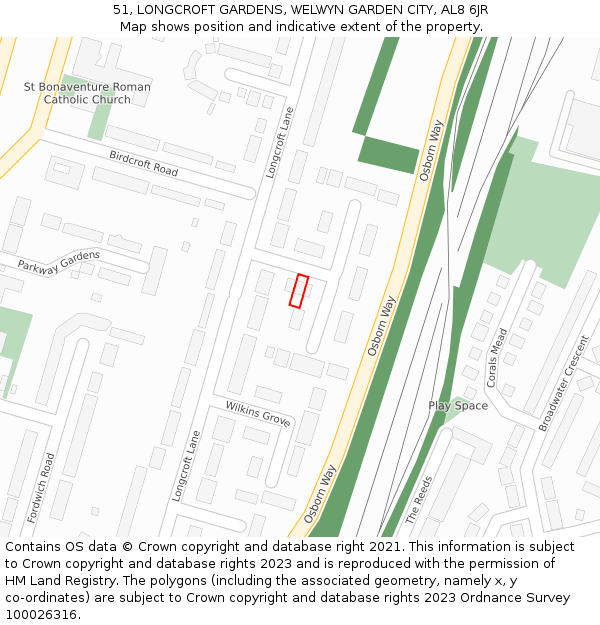 51, LONGCROFT GARDENS, WELWYN GARDEN CITY, AL8 6JR: Location map and indicative extent of plot