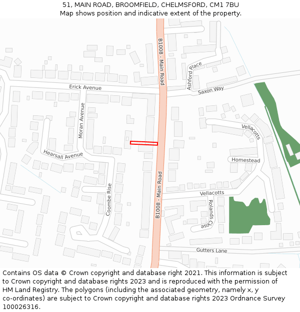 51, MAIN ROAD, BROOMFIELD, CHELMSFORD, CM1 7BU: Location map and indicative extent of plot