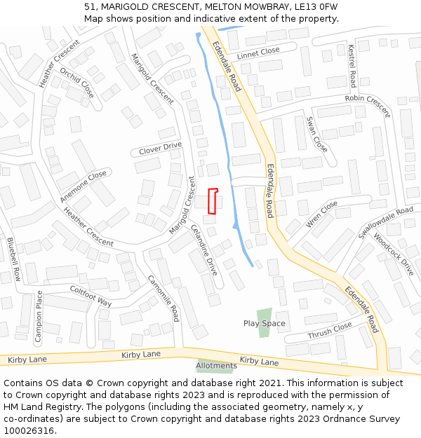 51, MARIGOLD CRESCENT, MELTON MOWBRAY, LE13 0FW: Location map and indicative extent of plot