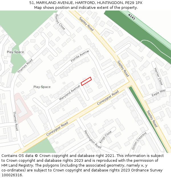 51, MARYLAND AVENUE, HARTFORD, HUNTINGDON, PE29 1PX: Location map and indicative extent of plot