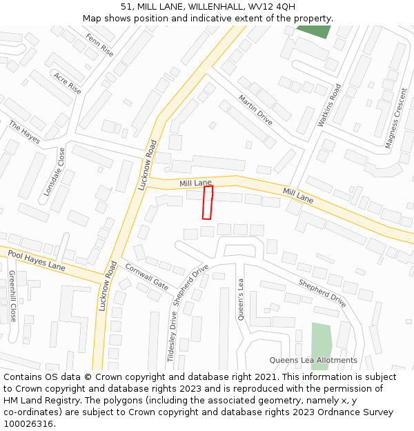 51, MILL LANE, WILLENHALL, WV12 4QH: Location map and indicative extent of plot