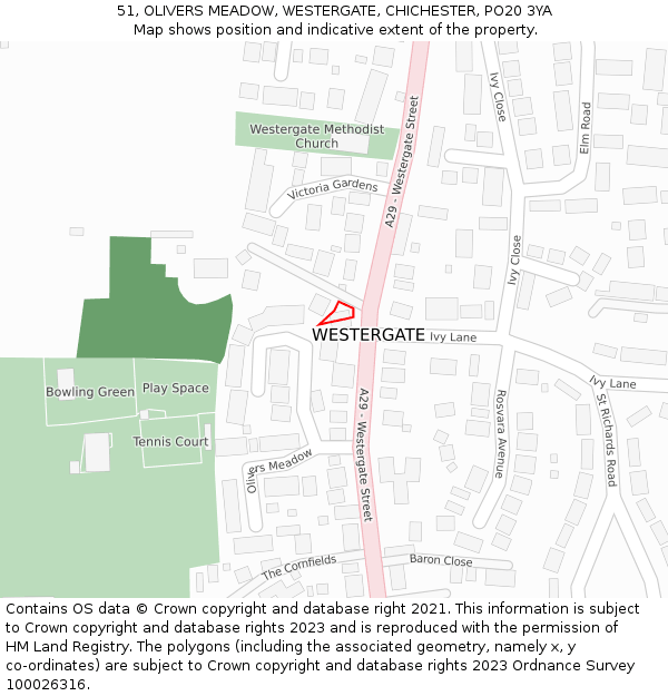 51, OLIVERS MEADOW, WESTERGATE, CHICHESTER, PO20 3YA: Location map and indicative extent of plot