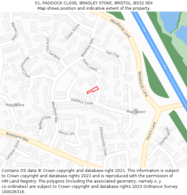 51, PADDOCK CLOSE, BRADLEY STOKE, BRISTOL, BS32 0EX: Location map and indicative extent of plot
