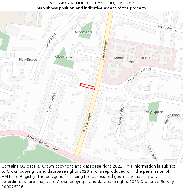 51, PARK AVENUE, CHELMSFORD, CM1 2AB: Location map and indicative extent of plot