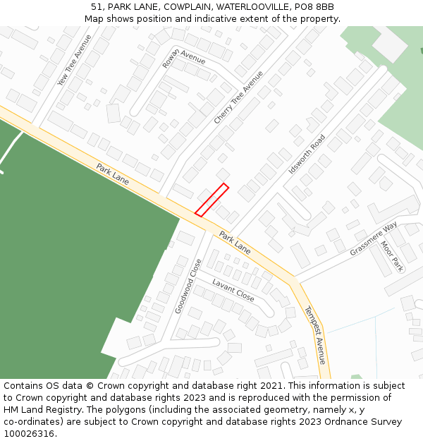 51, PARK LANE, COWPLAIN, WATERLOOVILLE, PO8 8BB: Location map and indicative extent of plot