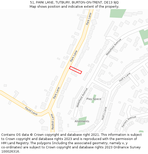 51, PARK LANE, TUTBURY, BURTON-ON-TRENT, DE13 9JQ: Location map and indicative extent of plot