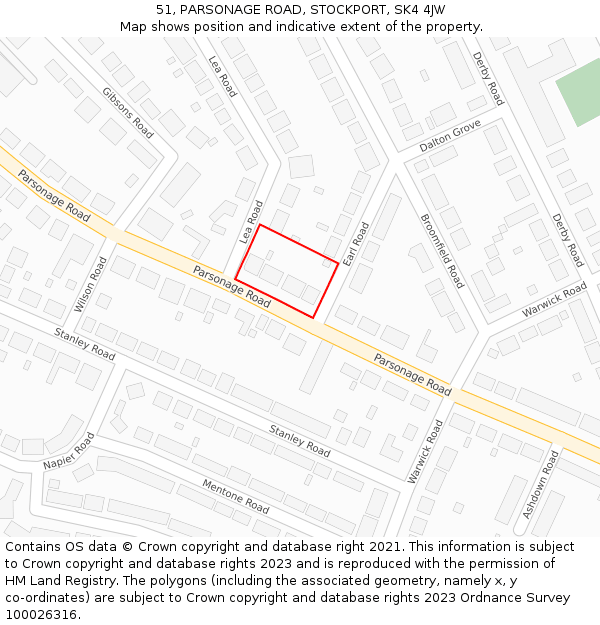 51, PARSONAGE ROAD, STOCKPORT, SK4 4JW: Location map and indicative extent of plot